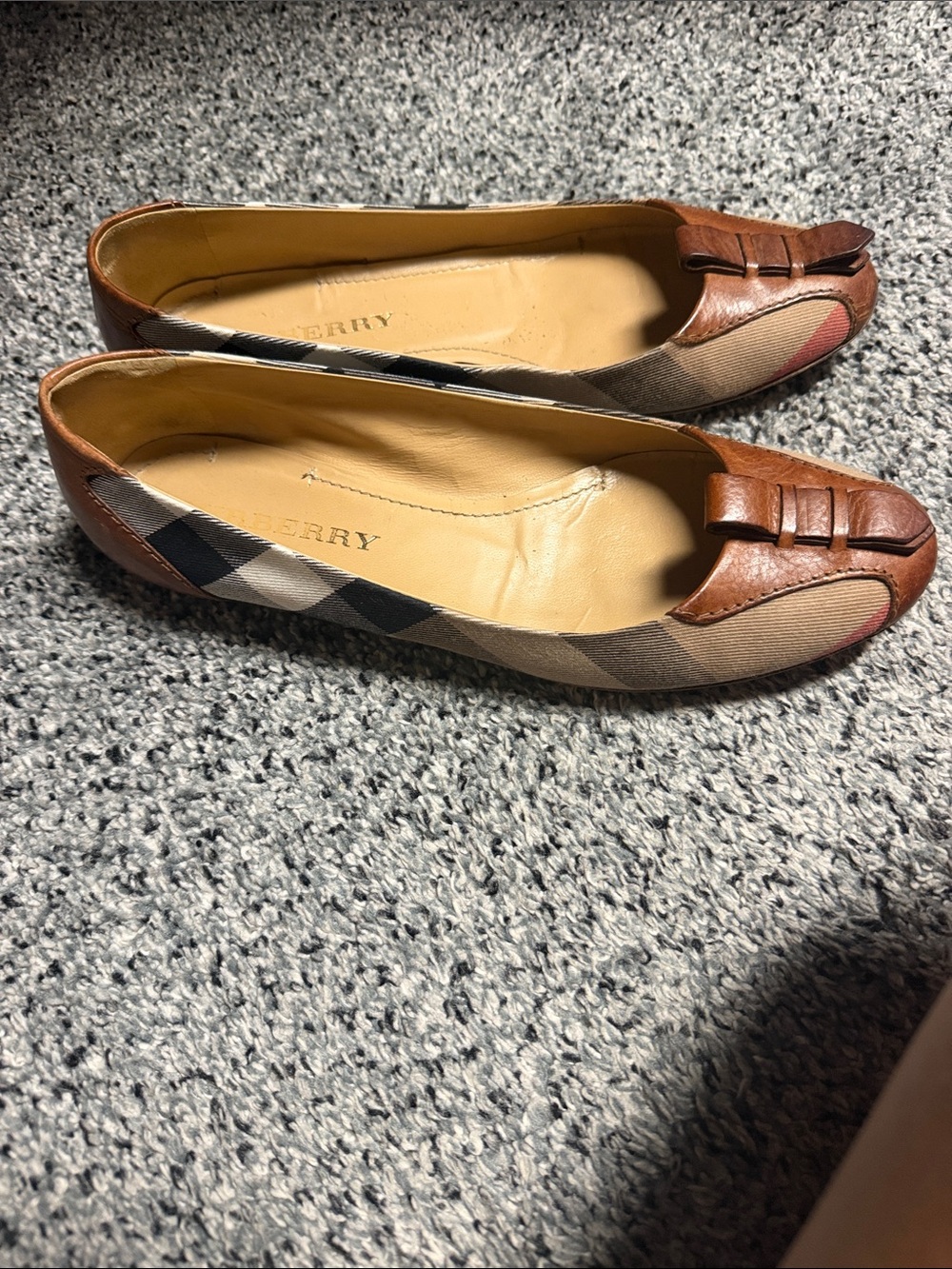 Burberry Tan Brown Leather & Beige Canvas Flats - Picture 2 of 7